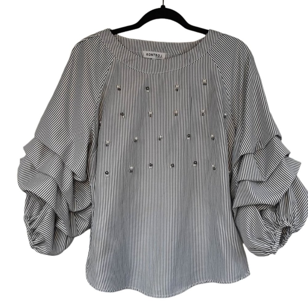 SOLD-Kontrol Blouse Women's Med GUC Puffy Sleeve Pearl Accents Stripes Top Shirt - Picture 1 of 8